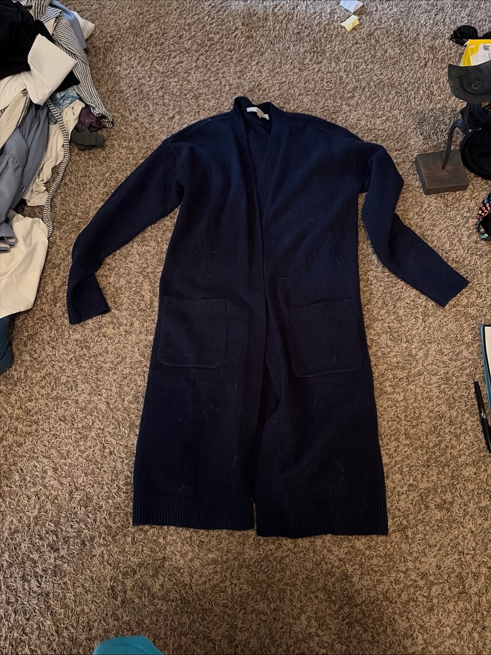 LOFT Long Open-Front Navy Knit Cardigan with Pockets